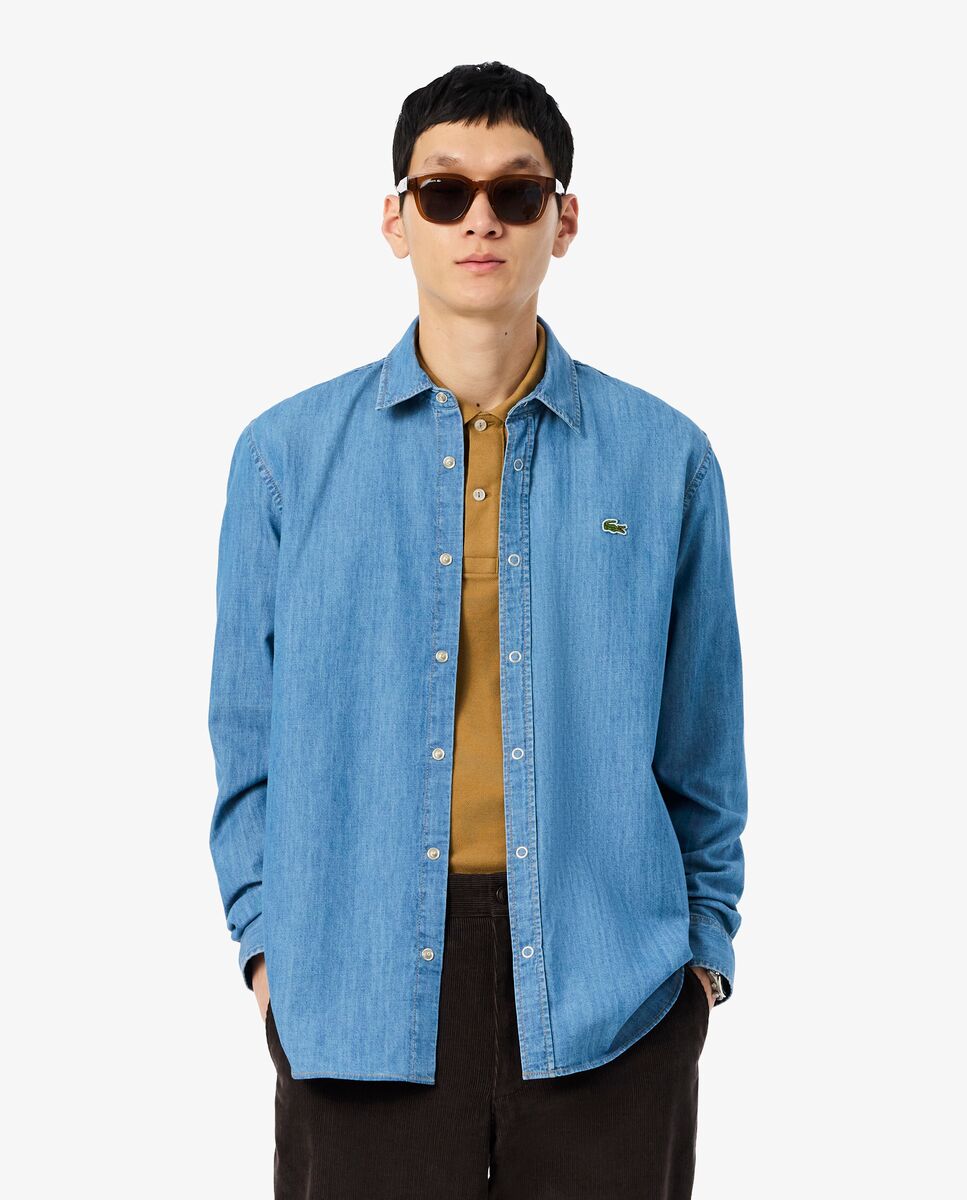 Lacoste - Camisa de hombre denim ligera de corte regular en azul de manga larga.