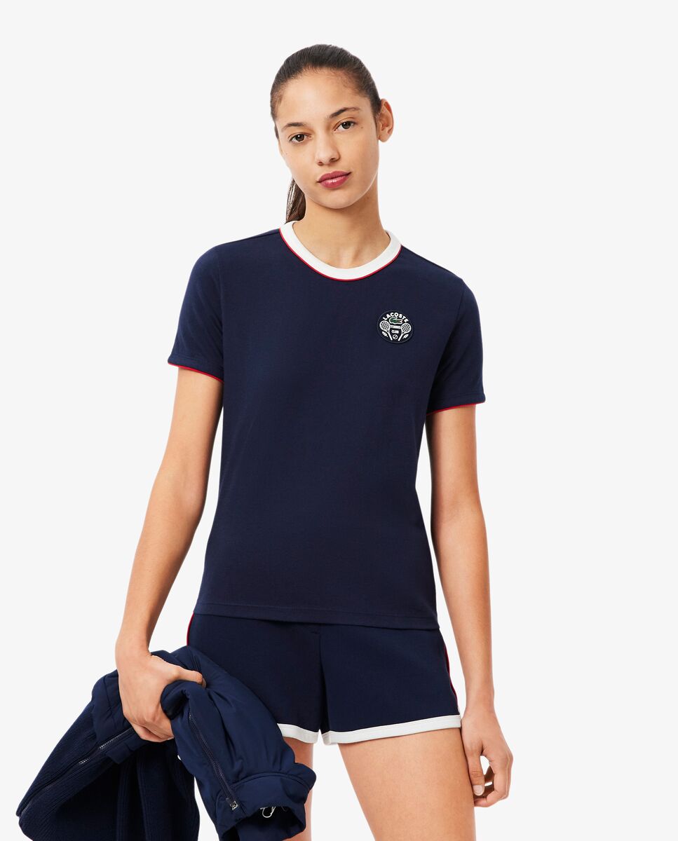 Lacoste - Camiseta de mujer de tenis clásica con insignia ultra dry en azul de manga corta.