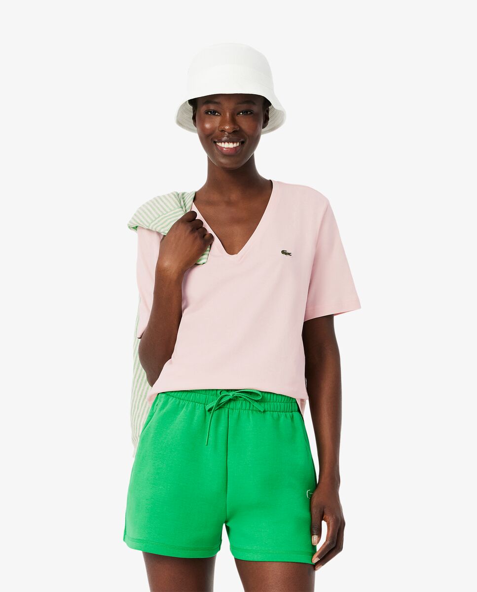 Camiseta de mujer de corte holgado con cuello de pico de algodón suave de manga corta - Lacoste - Rosa Rosa-1