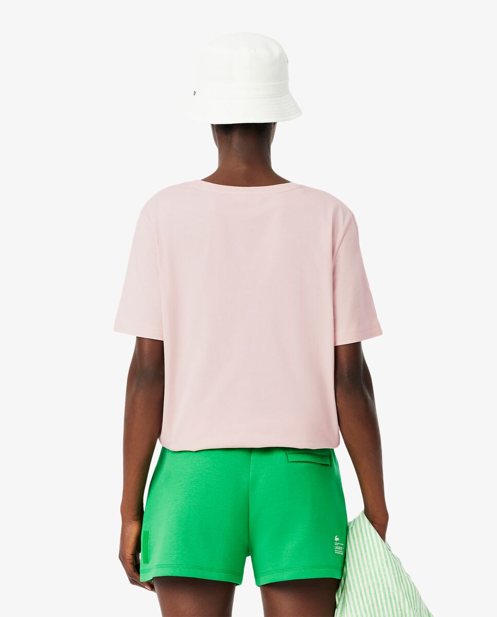 Camiseta de mujer de corte holgado con cuello de pico de algodón suave de manga corta - Lacoste - Rosa Rosa-2