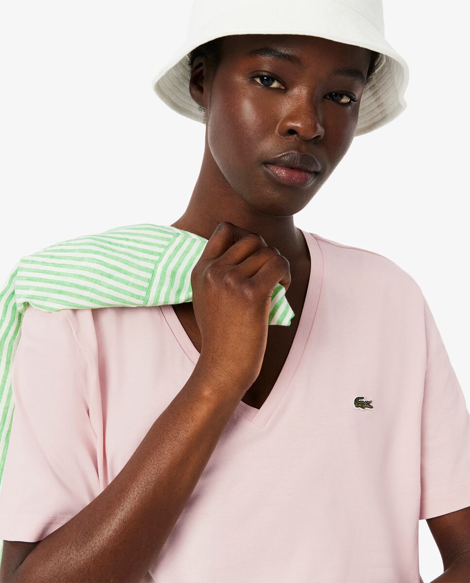 Camiseta de mujer de corte holgado con cuello de pico de algodón suave de manga corta - Lacoste - Rosa Rosa-3