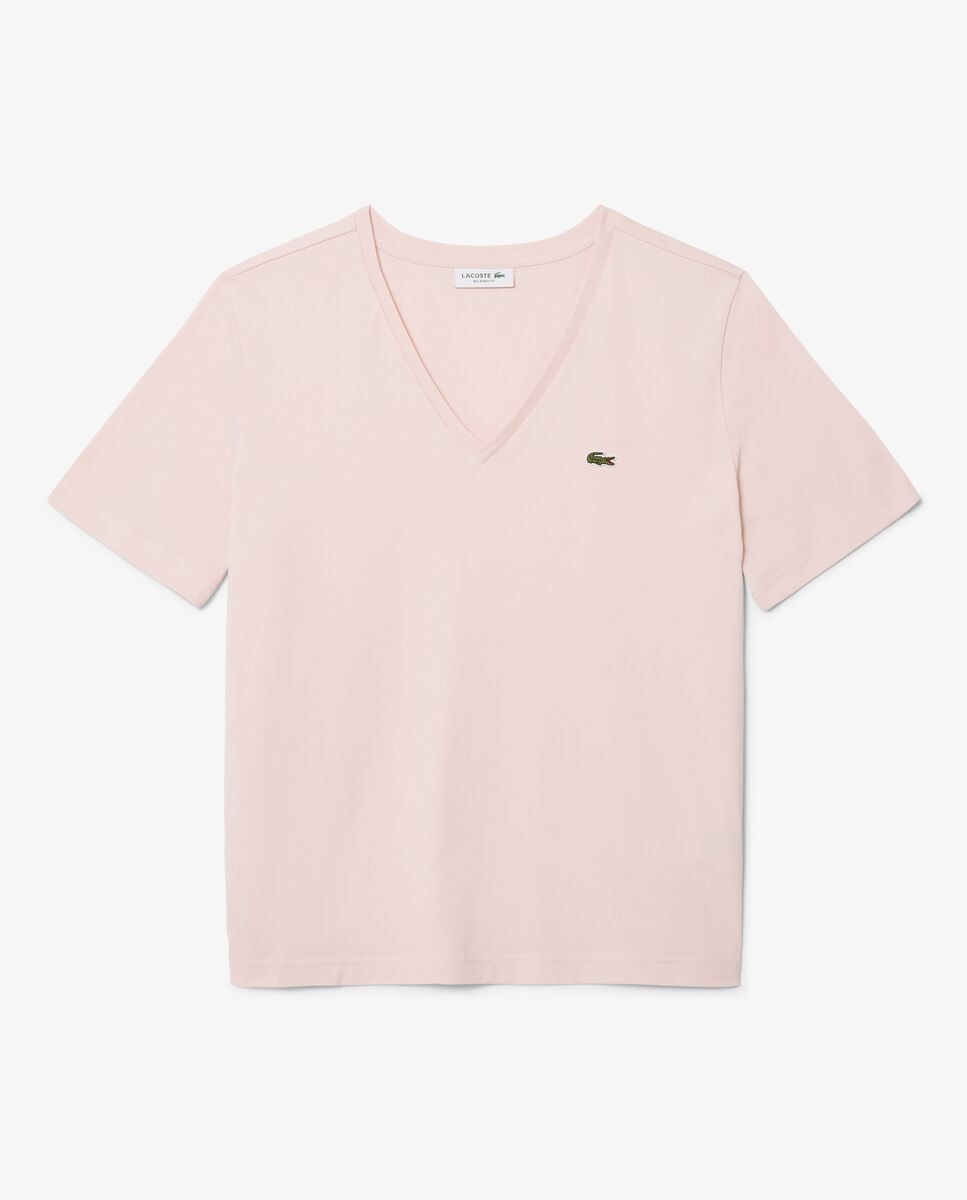Camiseta de mujer de corte holgado con cuello de pico de algodón suave de manga corta - Lacoste - Rosa Rosa-6