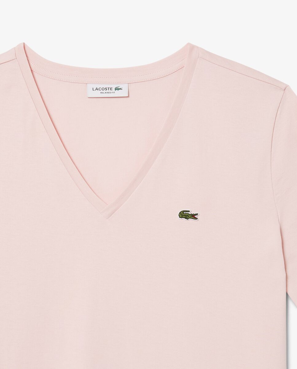 Camiseta de mujer de corte holgado con cuello de pico de algodón suave de manga corta - Lacoste - Rosa Rosa-5