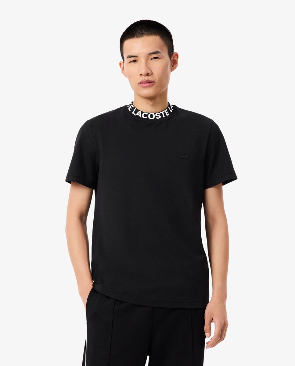 Camiseta de hombre de piqué con detalles de marca de jacquard en negro de manga corta - Negro Negro-1
