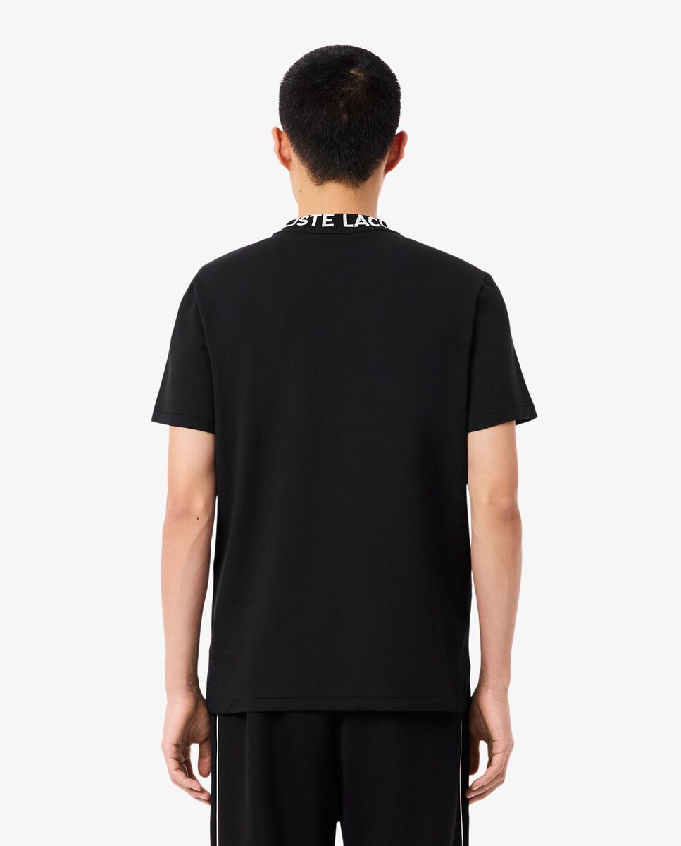 Camiseta de hombre de piqué con detalles de marca de jacquard en negro de manga corta - Negro Negro-2