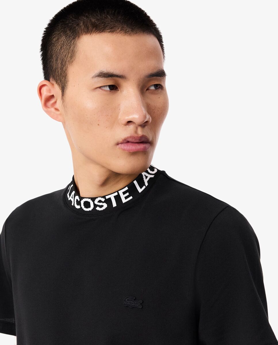 Camiseta de hombre de piqué con detalles de marca de jacquard en negro de manga corta - Negro Negro-3