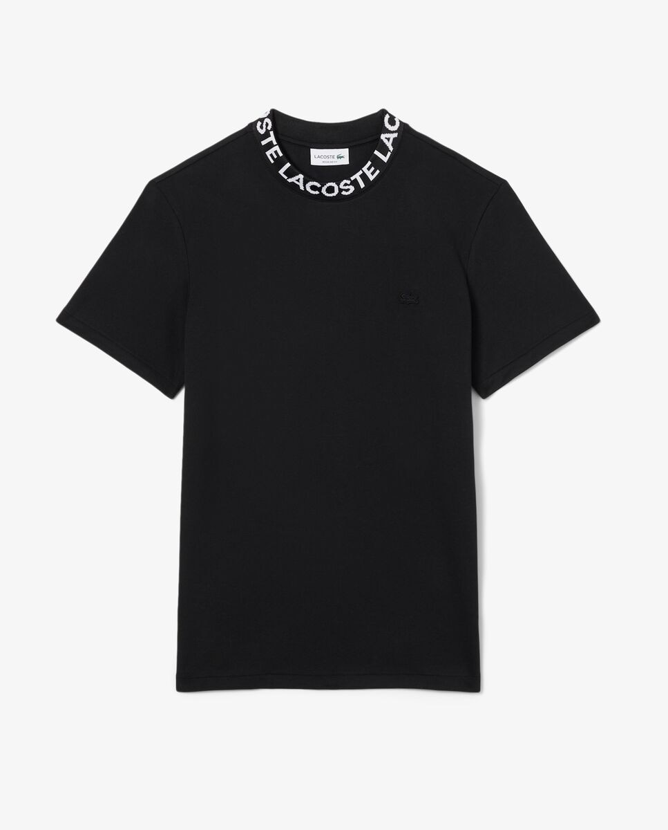 Camiseta de hombre de piqué con detalles de marca de jacquard en negro de manga corta - Negro Negro-6