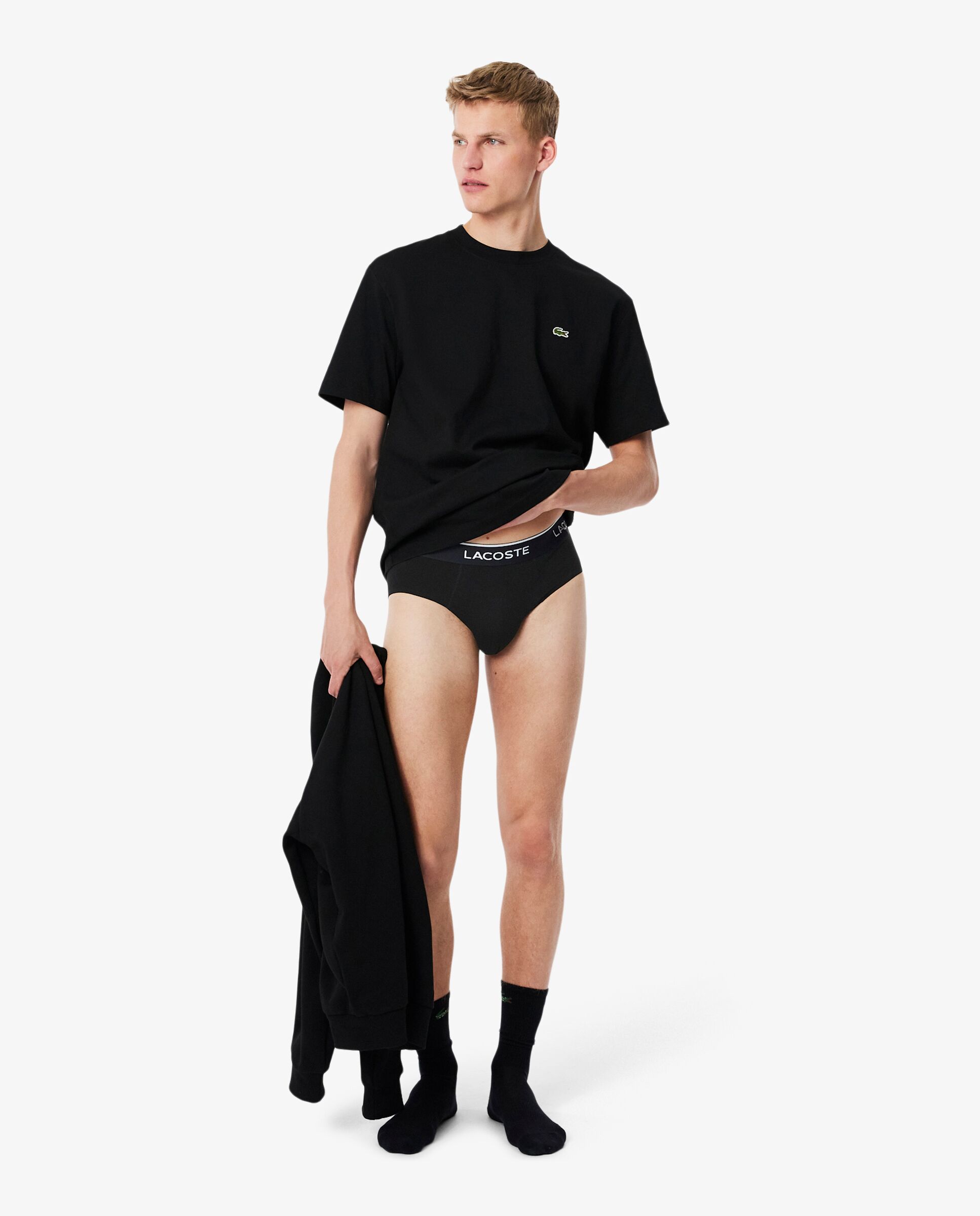 Pack de 3 calzoncillos de algodón monocromáticos con logo en la cintura - Lacoste - Negro / Blanco Negro / Blanco-4