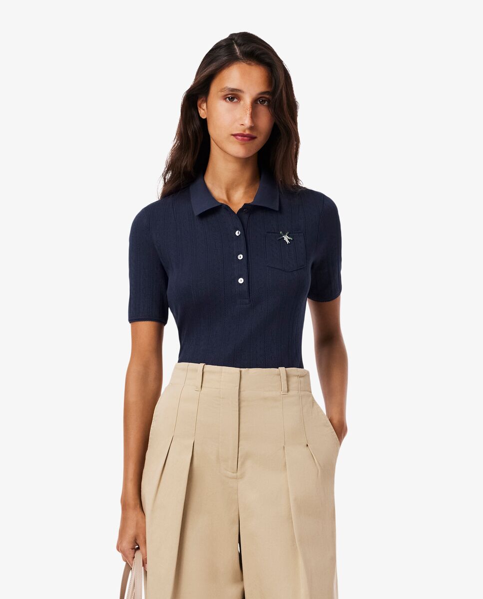 Lacoste - Polo de mujer de pointelle de corte ajustado con detalles de marca en blanco de manga corta.