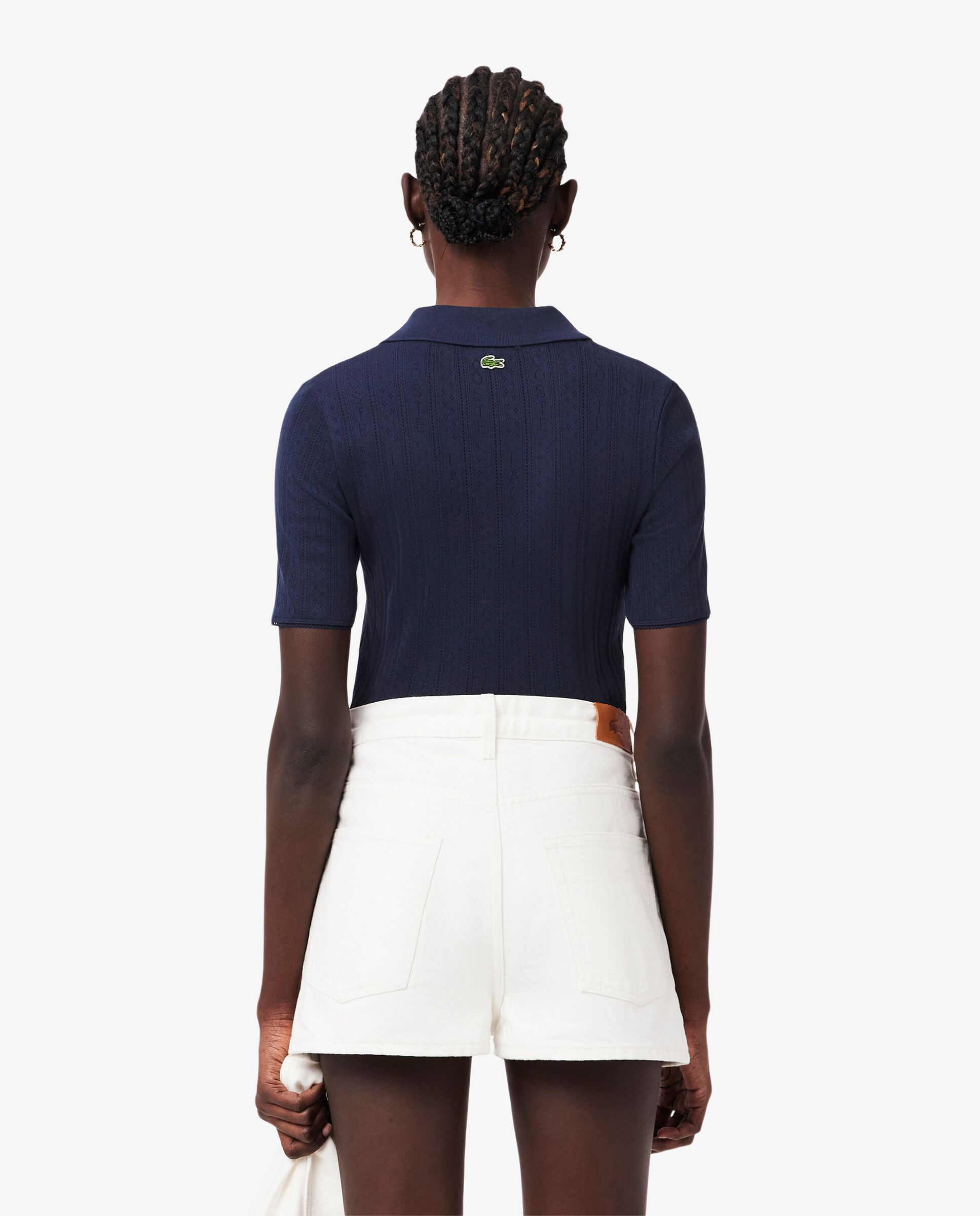 Polo de mujer de pointelle de corte ajustado con detalles de marca en azul de manga corta - Lacoste - Azul marino Azul marino-2