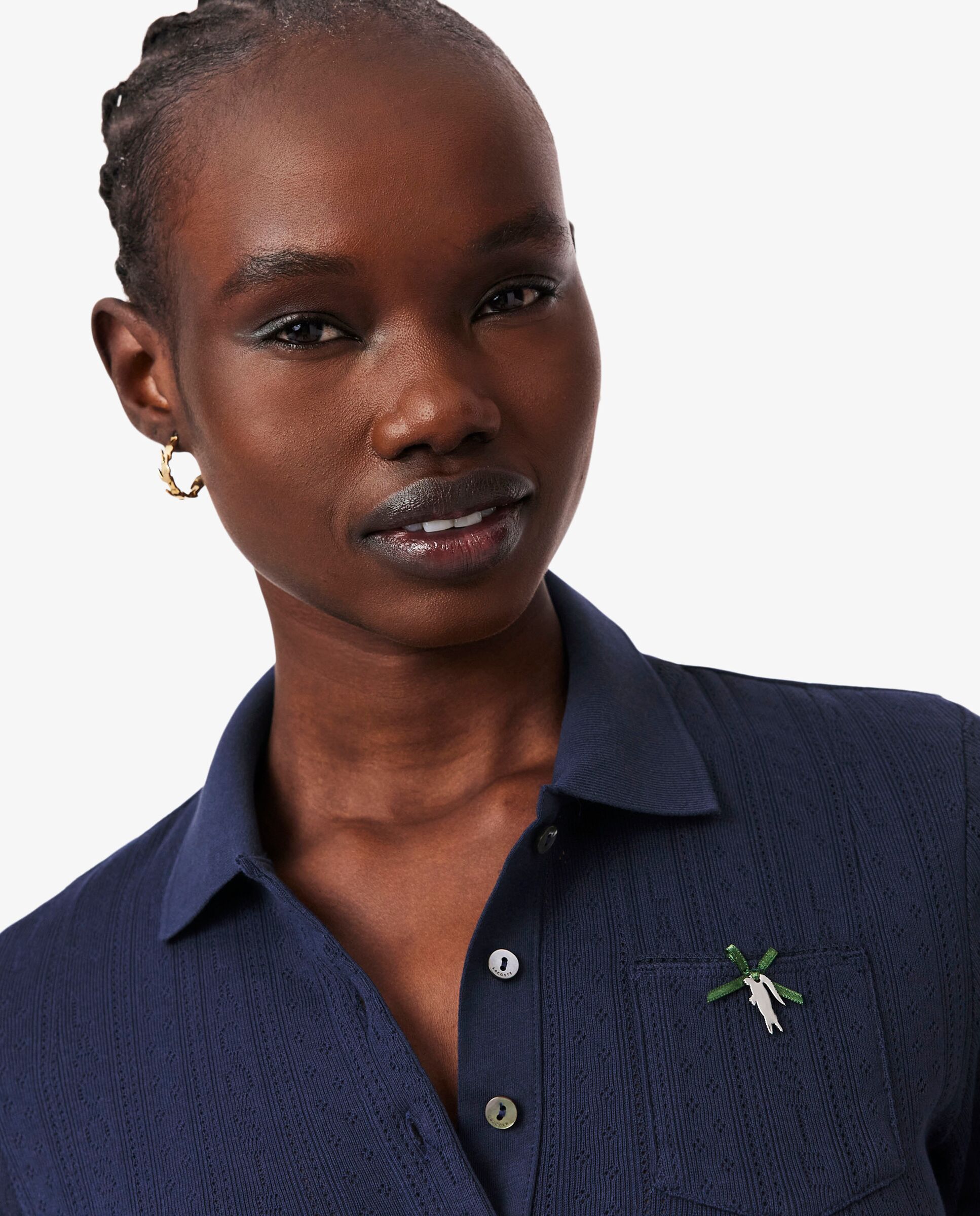 Polo de mujer de pointelle de corte ajustado con detalles de marca en azul de manga corta - Lacoste - Azul marino Azul marino-3