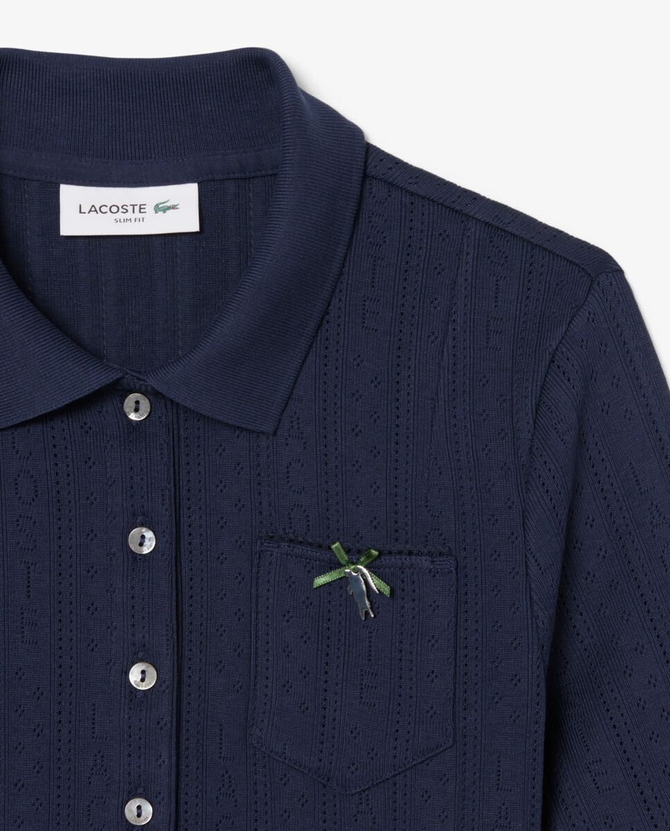 Polo de mujer de pointelle de corte ajustado con detalles de marca en azul de manga corta - Lacoste - Azul marino Azul marino-5