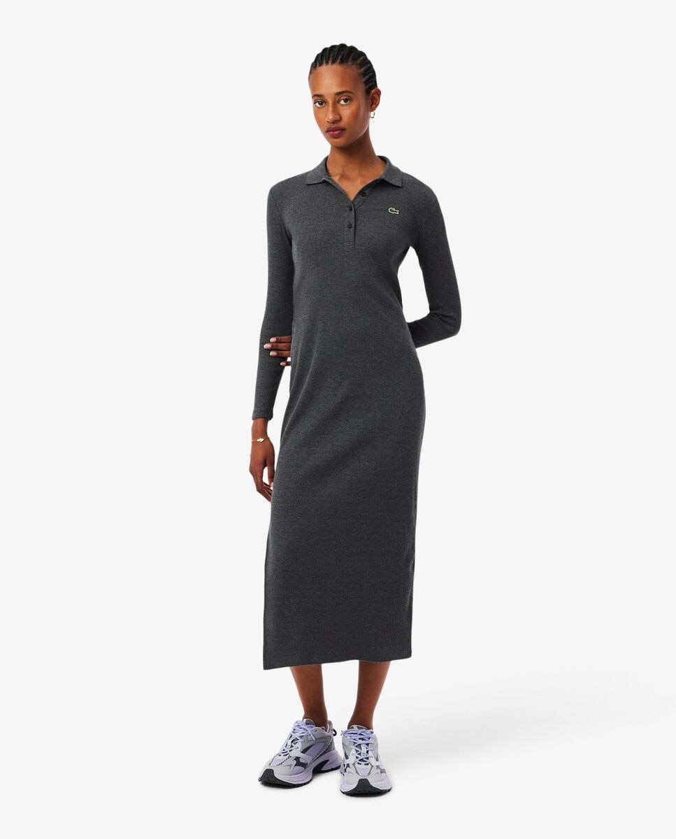 Lacoste - Vestido con cuello polo de canalé de algodón de corte ajustado de manga larga.