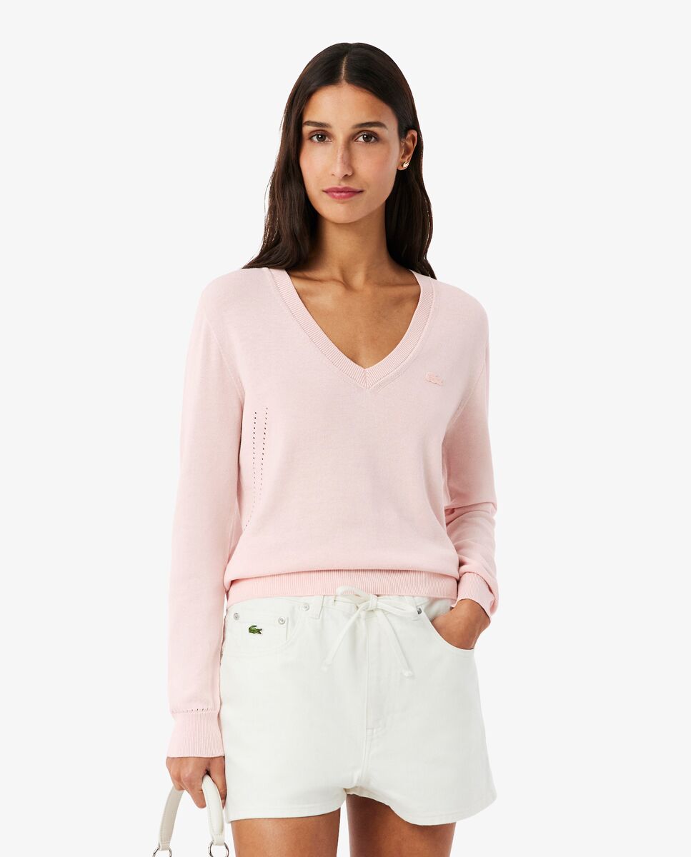 De cuello de pico de punto de canalé sin costuras en - Lacoste - Rosa Rosa-1
