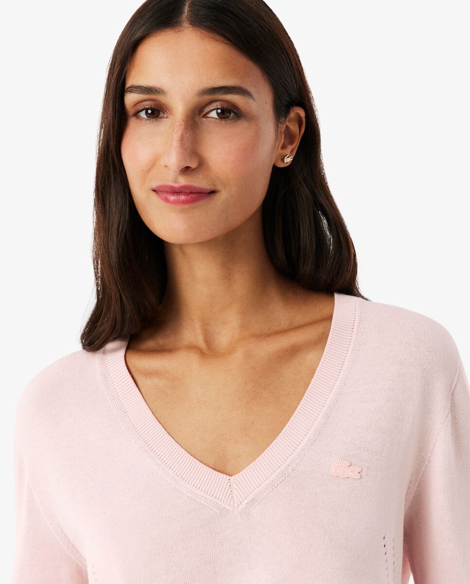 De cuello de pico de punto de canalé sin costuras en - Lacoste - Rosa Rosa-3