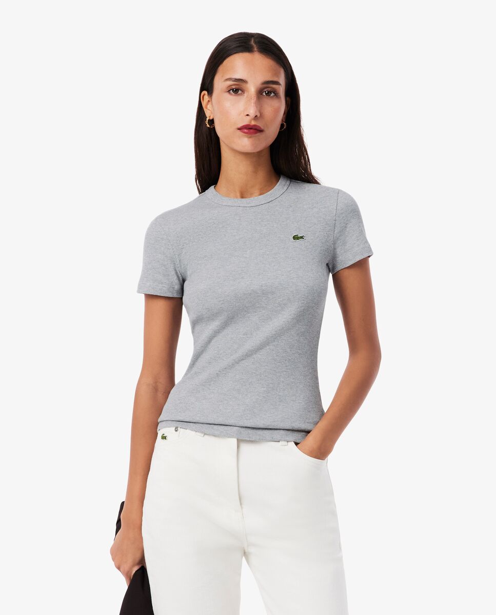 Camiseta de mujer de canalé de algodón de corte ajustado de manga corta - Lacoste - Gris claro Gris claro-1