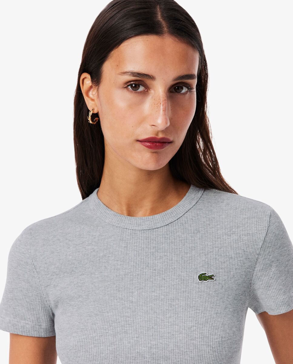 Camiseta de mujer de canalé de algodón de corte ajustado de manga corta - Lacoste - Gris claro Gris claro-3
