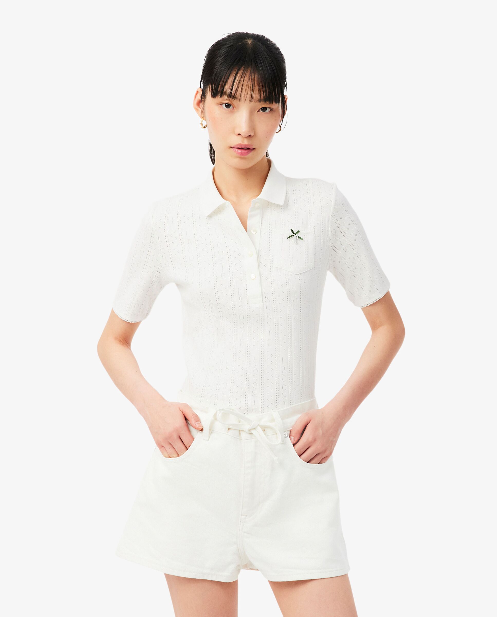 Polo de mujer de pointelle de corte ajustado con detalles de marca en azul de manga corta - Lacoste - Blanco Blanco-1