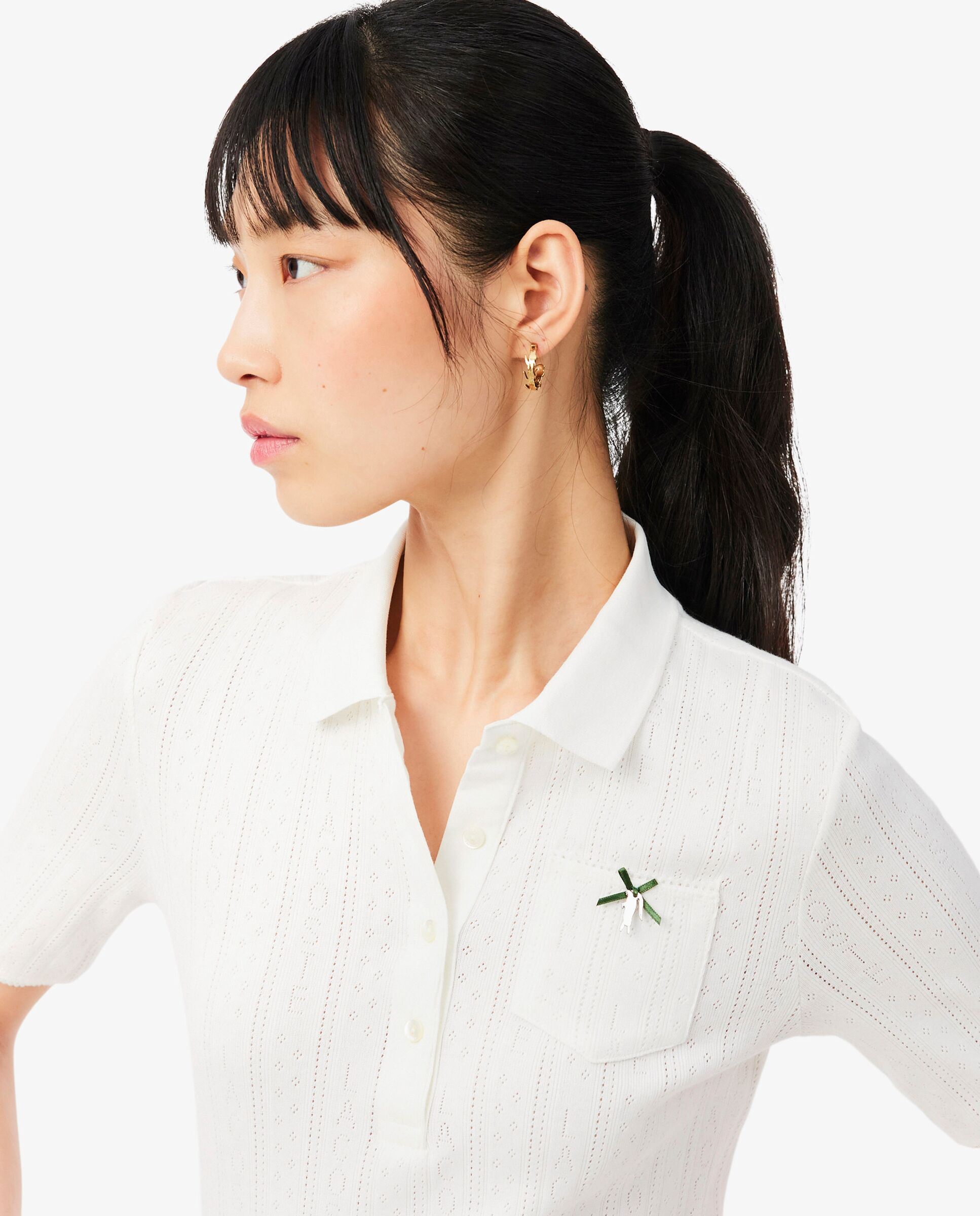Polo de mujer de pointelle de corte ajustado con detalles de marca en azul de manga corta - Lacoste - Blanco Blanco-3