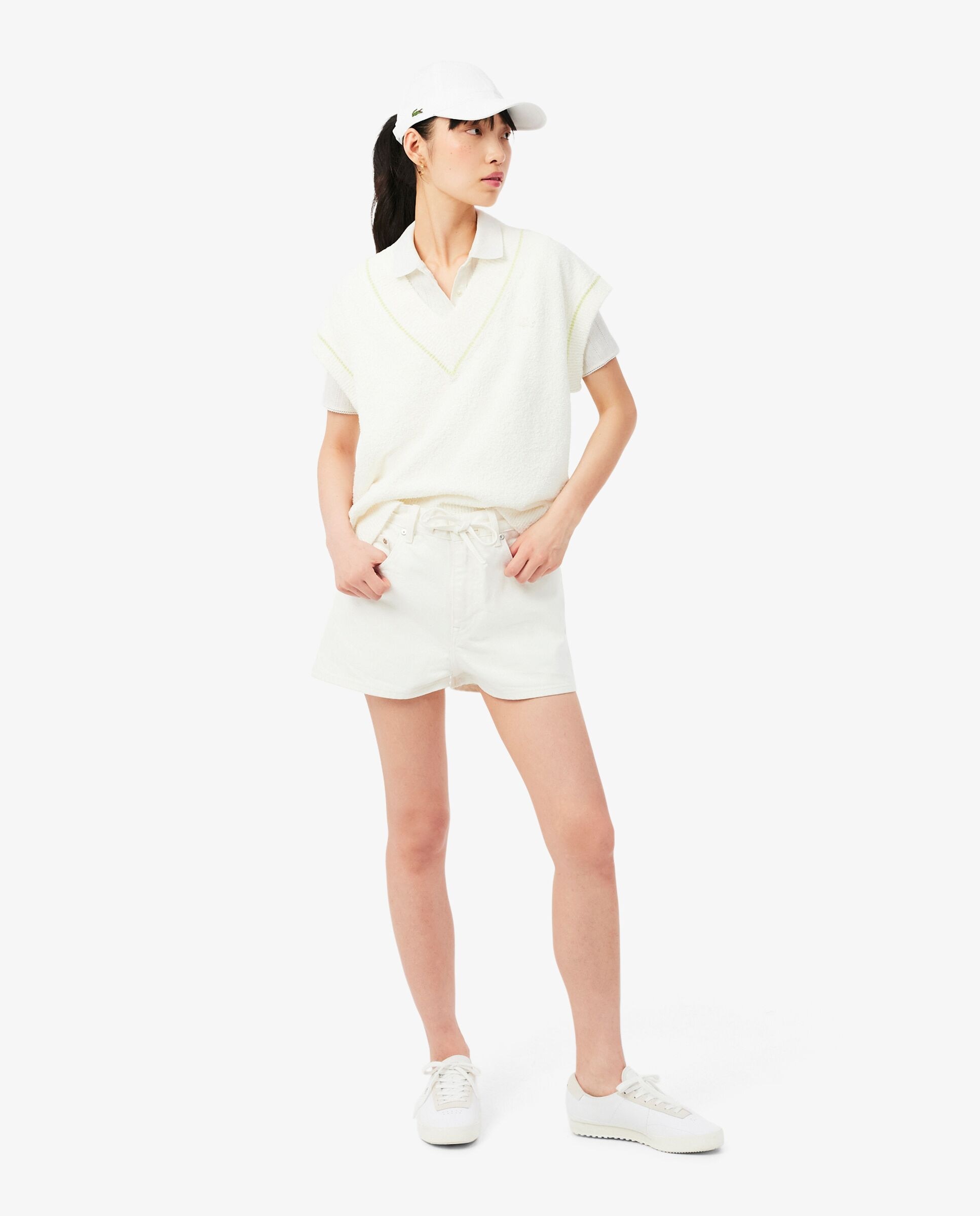 Polo de mujer de pointelle de corte ajustado con detalles de marca en azul de manga corta - Lacoste - Blanco Blanco-4