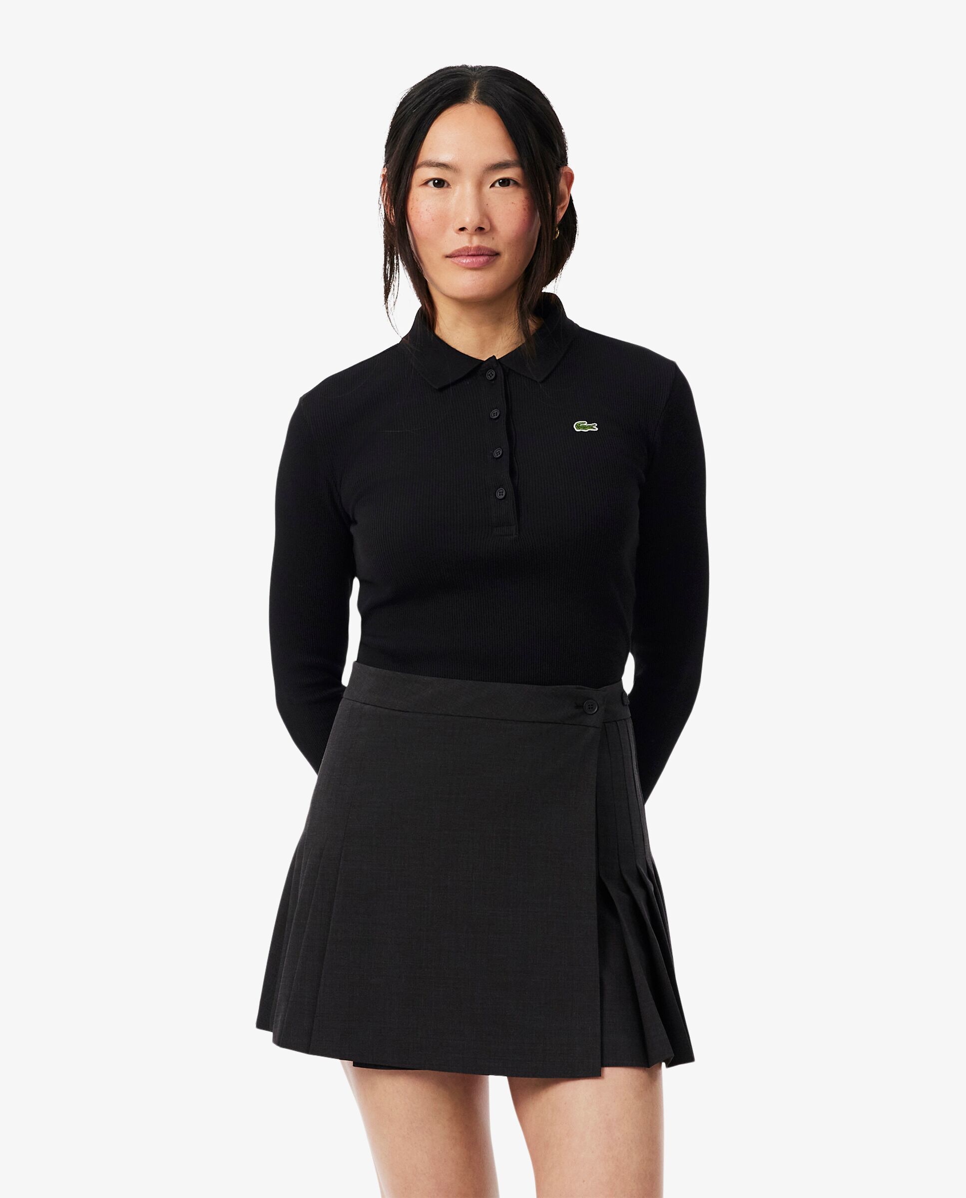 Polo de mujer de canalé de algodón de corte ajustado en blanco de manga larga - Lacoste - Negro Negro-1