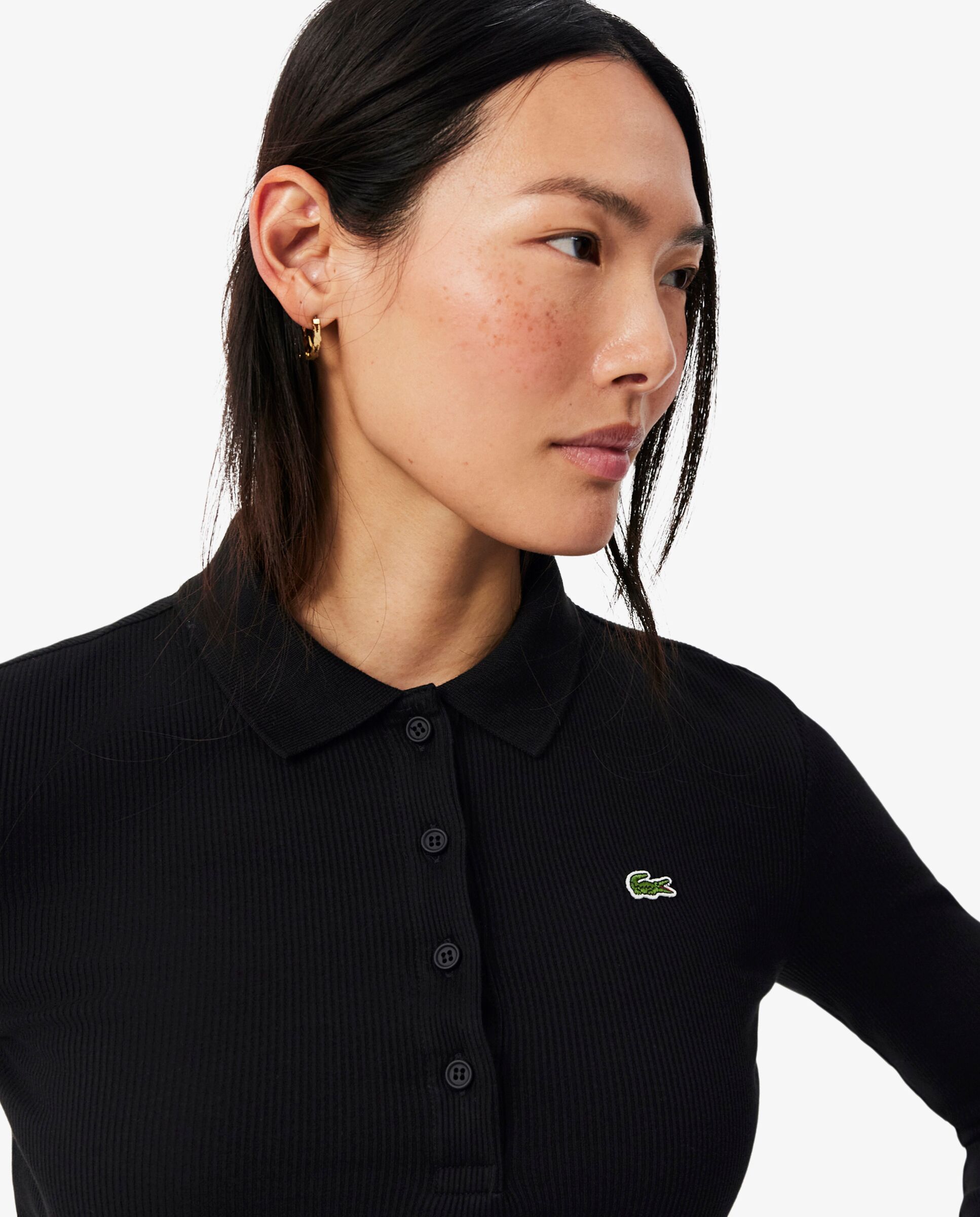 Polo de mujer de canalé de algodón de corte ajustado en blanco de manga larga - Lacoste - Negro Negro-3