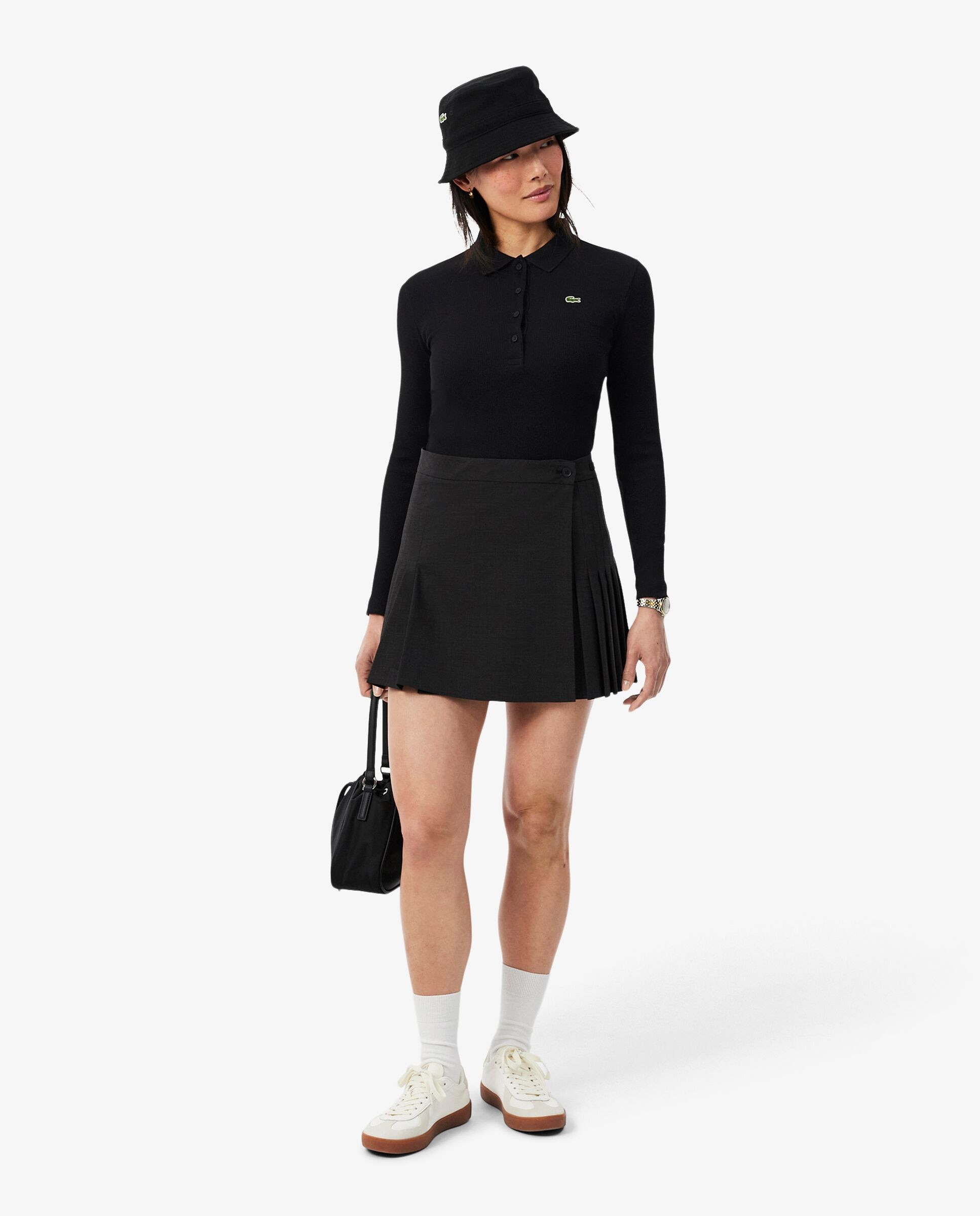 Polo de mujer de canalé de algodón de corte ajustado en blanco de manga larga - Lacoste - Negro Negro-4