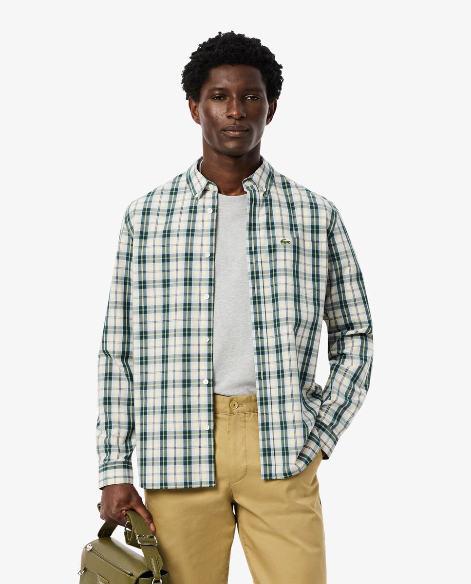 Lacoste - Camisa de hombre de corte regular de popelín con cuadros escoceses de manga larga.