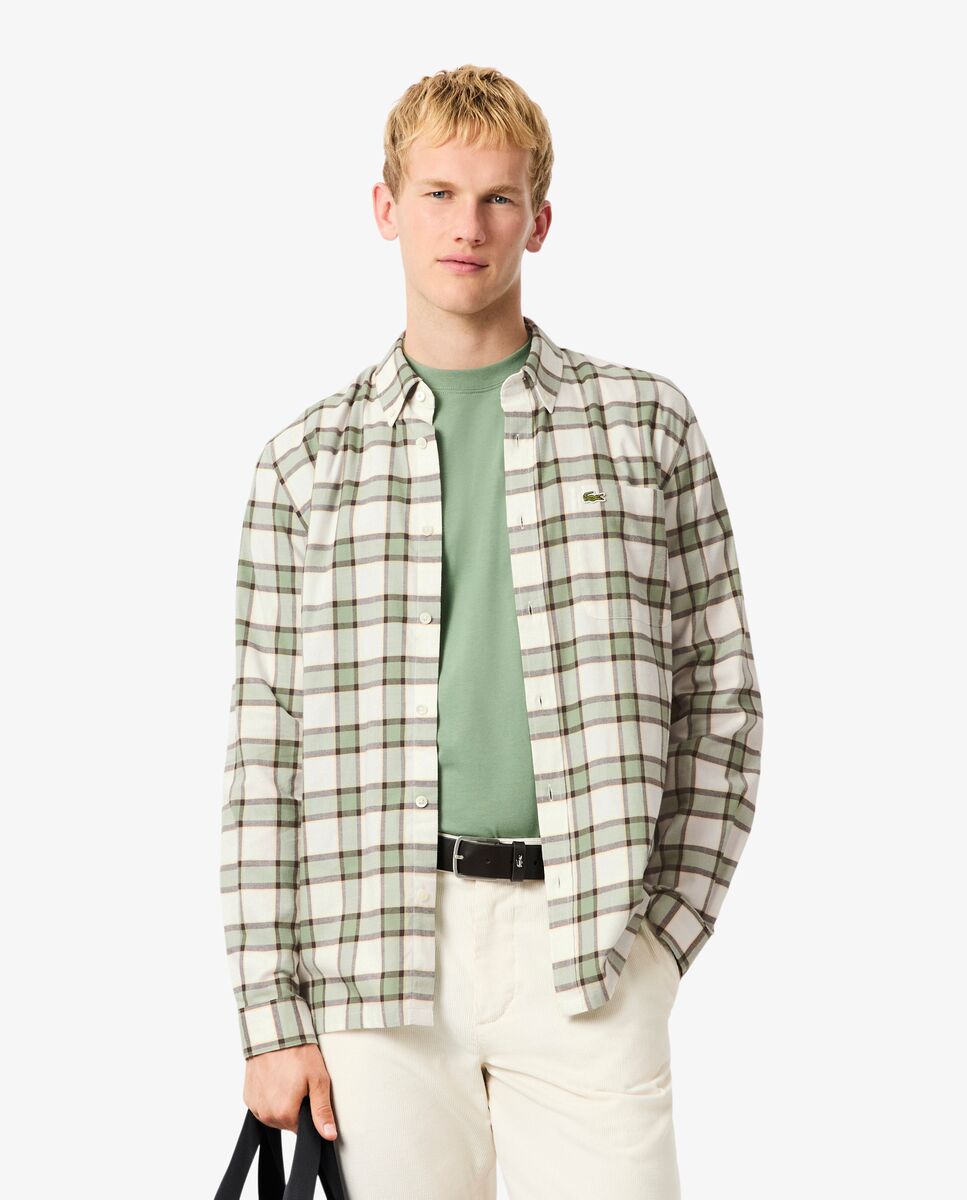 Lacoste - Camisa de hombre de corte regular de franela con cuadros escoceses en blanco de manga larga.