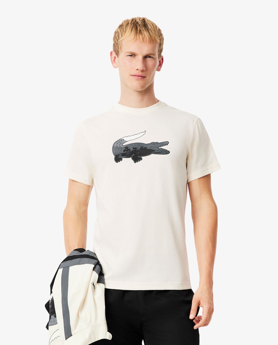 Lacoste - Camiseta de hombre deportiva con cocodrilo con paisaje Ultra-Dry en blanco de manga corta.