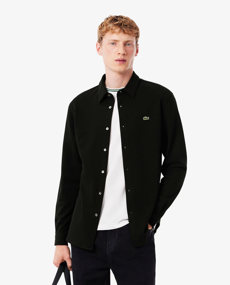 Camisa de hombre de piqué de algodón de corte ajustado en blanco de manga larga - Lacoste - Negro Negro-1