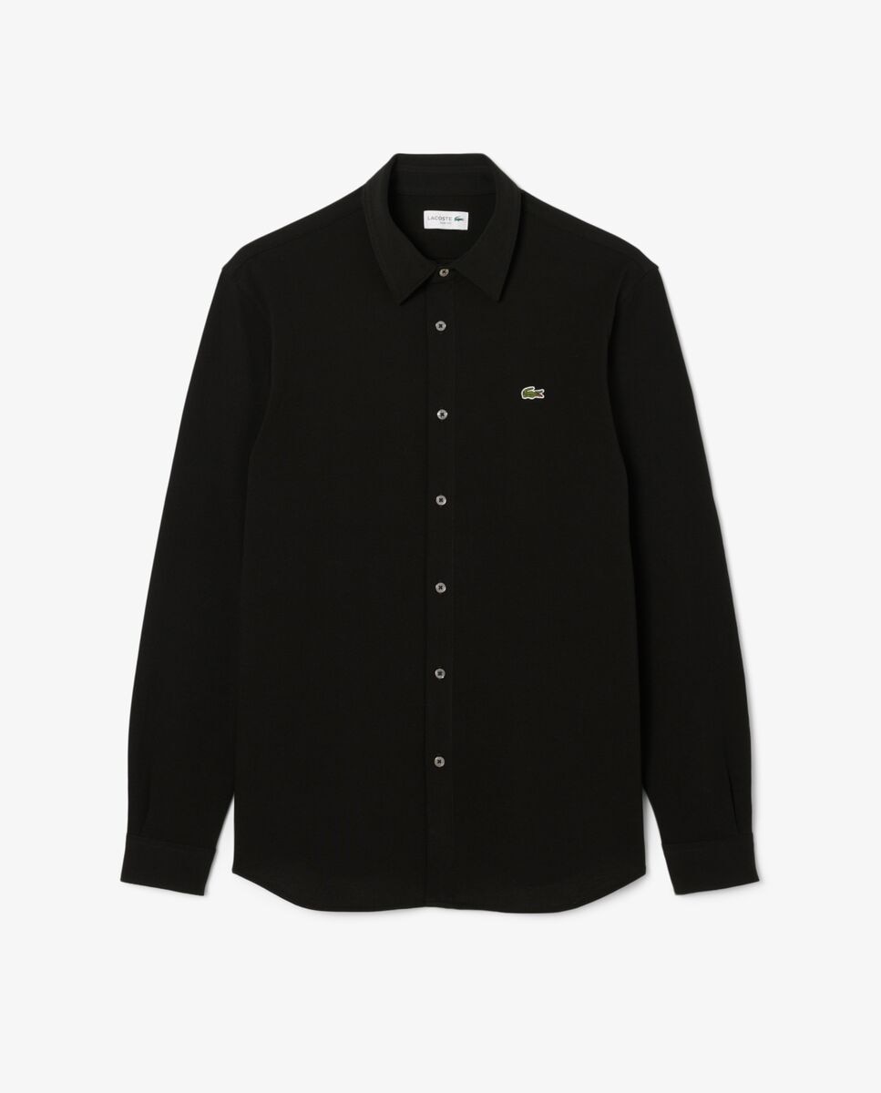 Camisa de hombre de piqué de algodón de corte ajustado en blanco de manga larga - Lacoste - Negro Negro-5