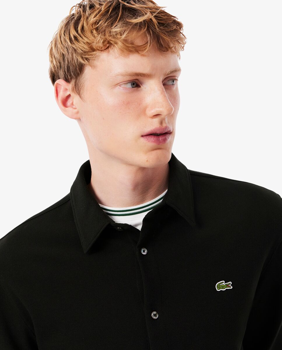 Camisa de hombre de piqué de algodón de corte ajustado en blanco de manga larga Negro Lacoste Negro-3