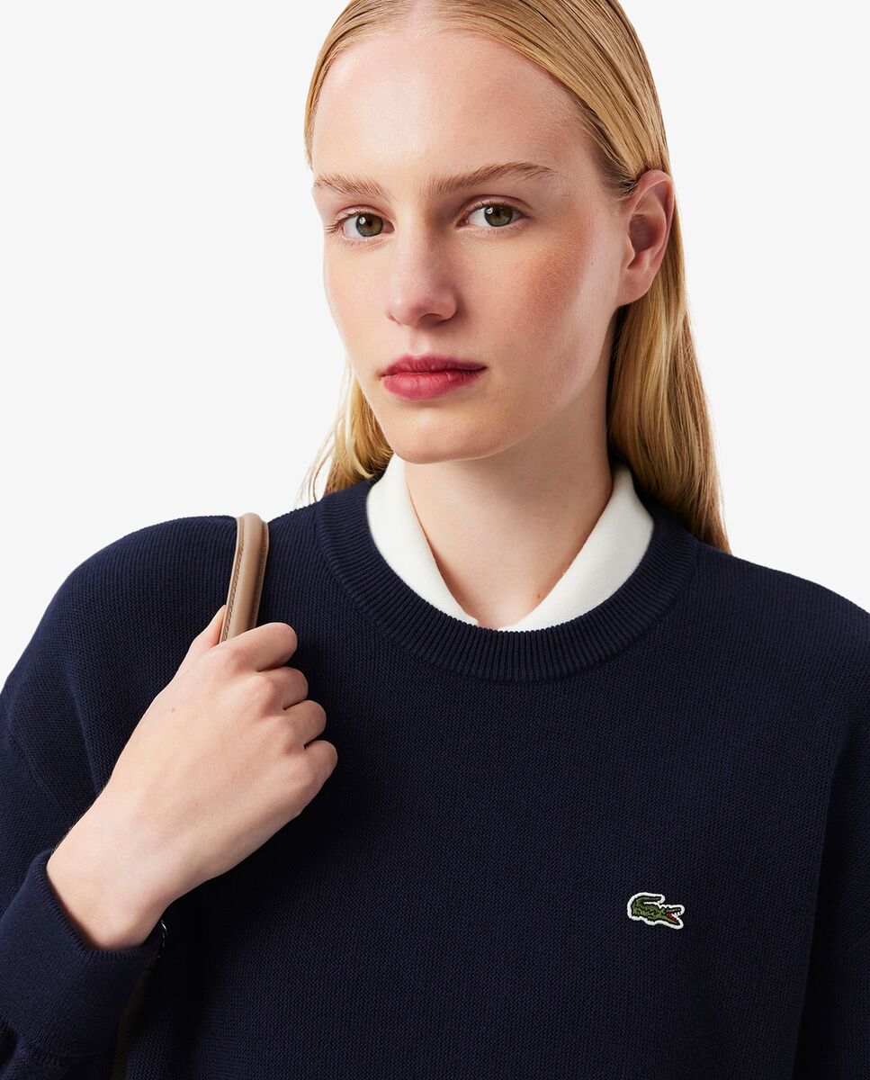 De cuello redondo de algodón de corte relajado en blanco de manga larga - Lacoste - Azul marino Azul marino-3