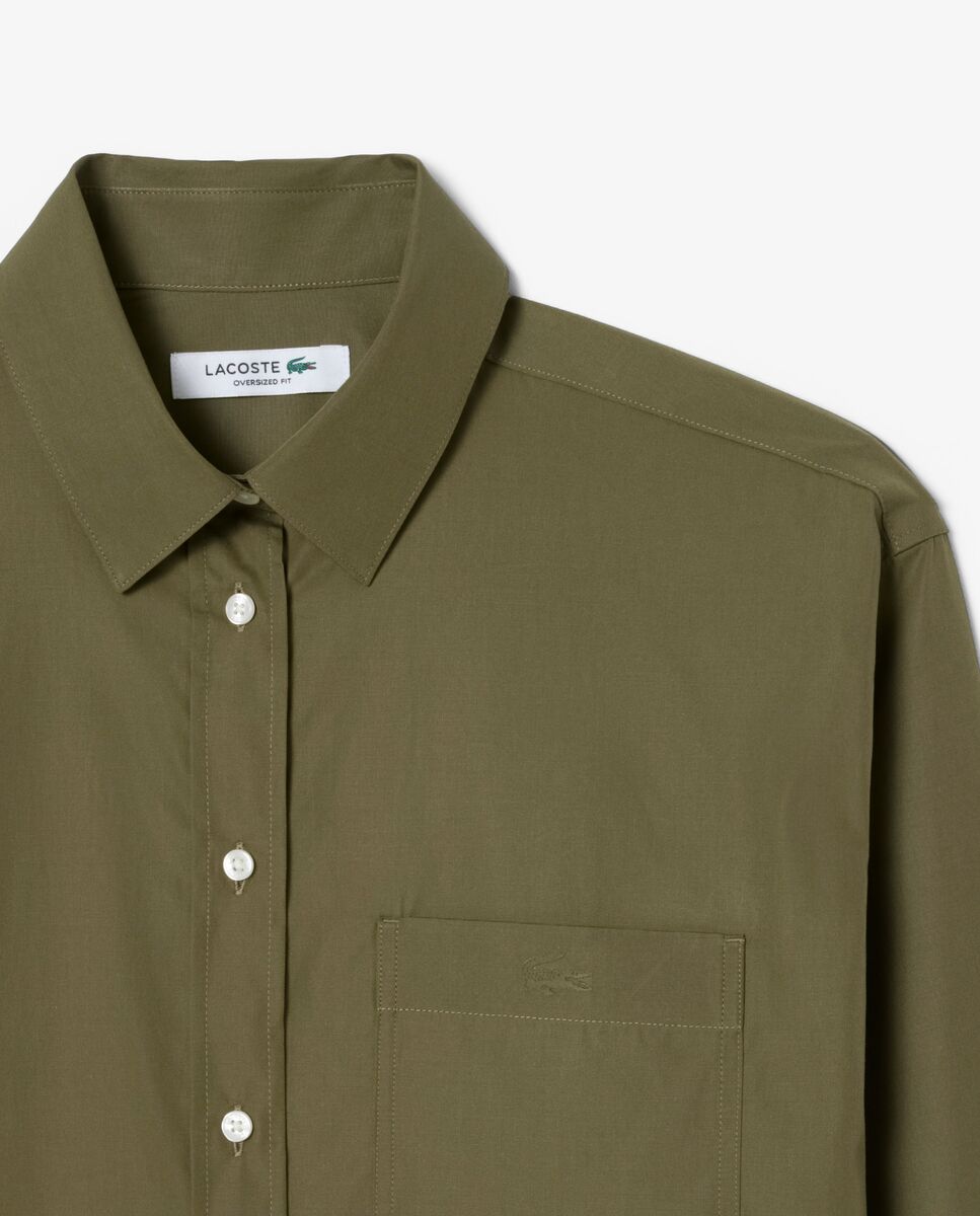 Camisa de mujer de popelín de algodón oversized en blanco de manga larga - Lacoste - Verde militar Verde militar-5