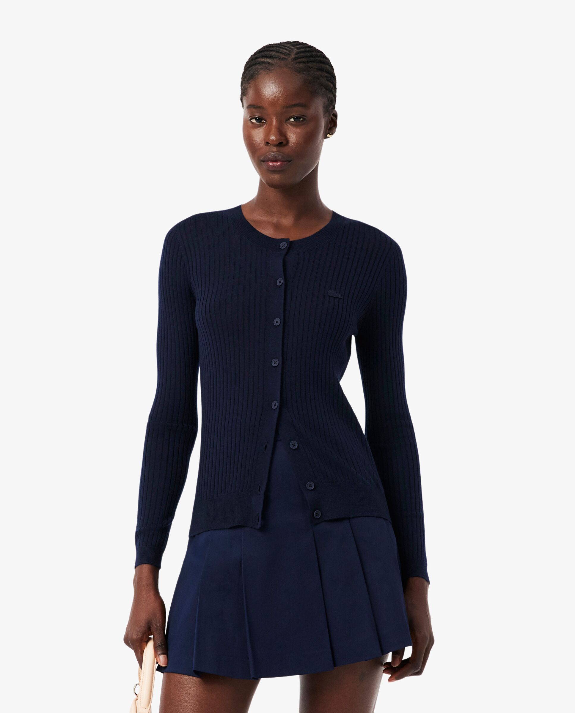 Lacoste - Chaqueta de mujer de punto de lana merina en punto de canalé en azul de manga larga.