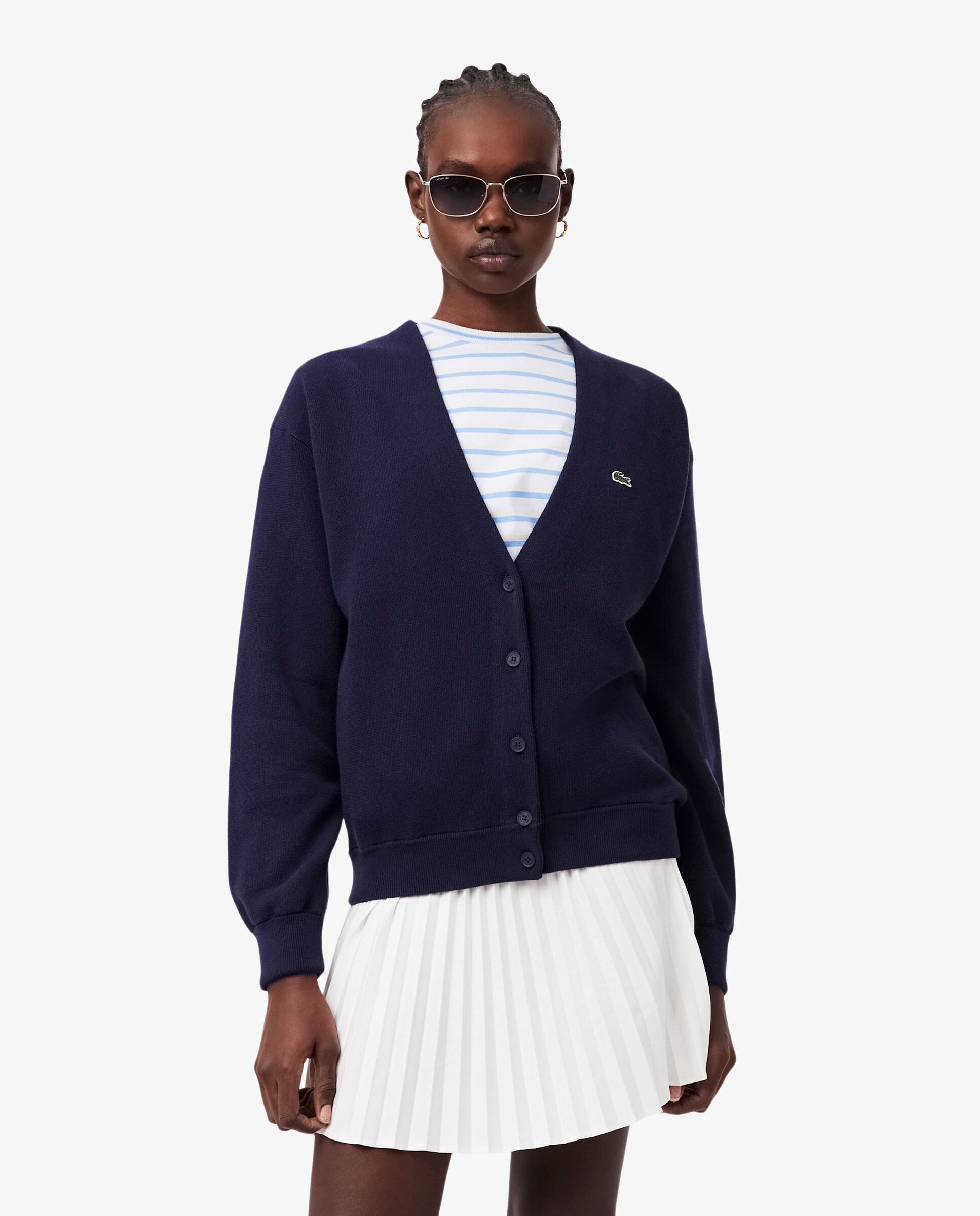 Lacoste - Chaqueta de mujer de punto musgo de algodón con cuello de pico en azul de manga larga.