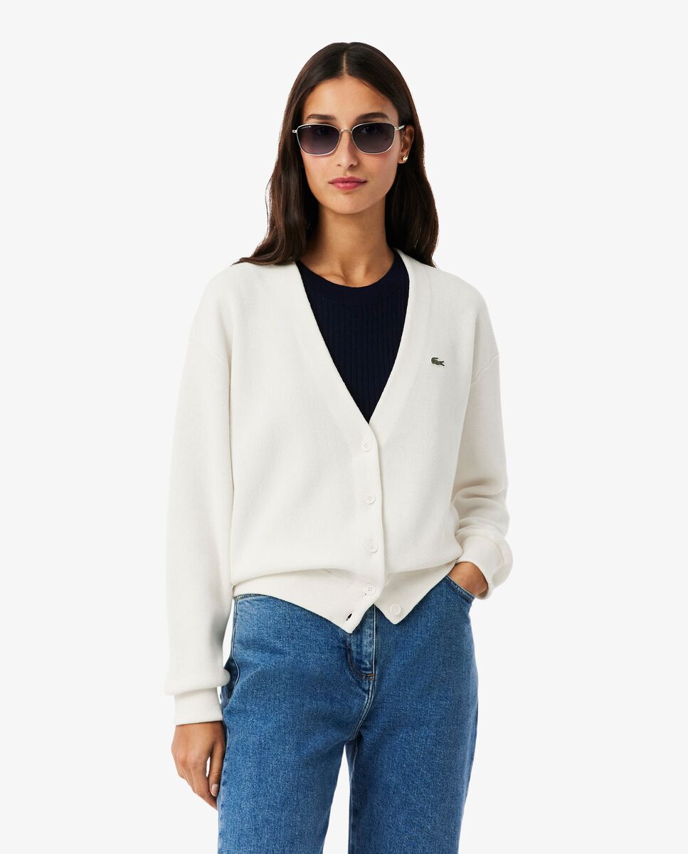 Chaqueta de mujer de punto musgo de algodón con cuello de pico en azul de manga larga - Lacoste - Blanco Blanco-1