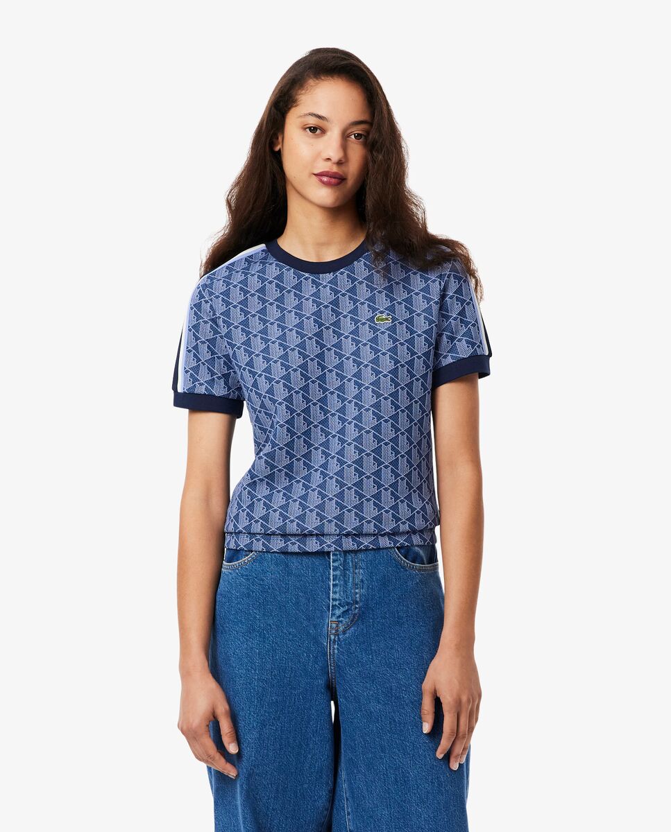 Lacoste - Camiseta de mujer ajustada de jacquard con monograma de manga corta.