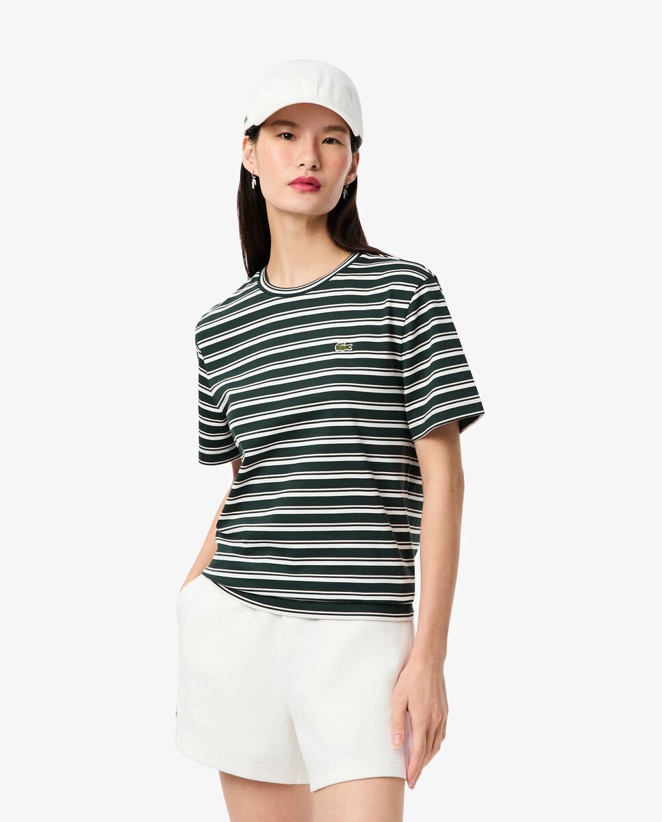 Lacoste - Camiseta de mujer de punto de rayas en verde de manga corta.