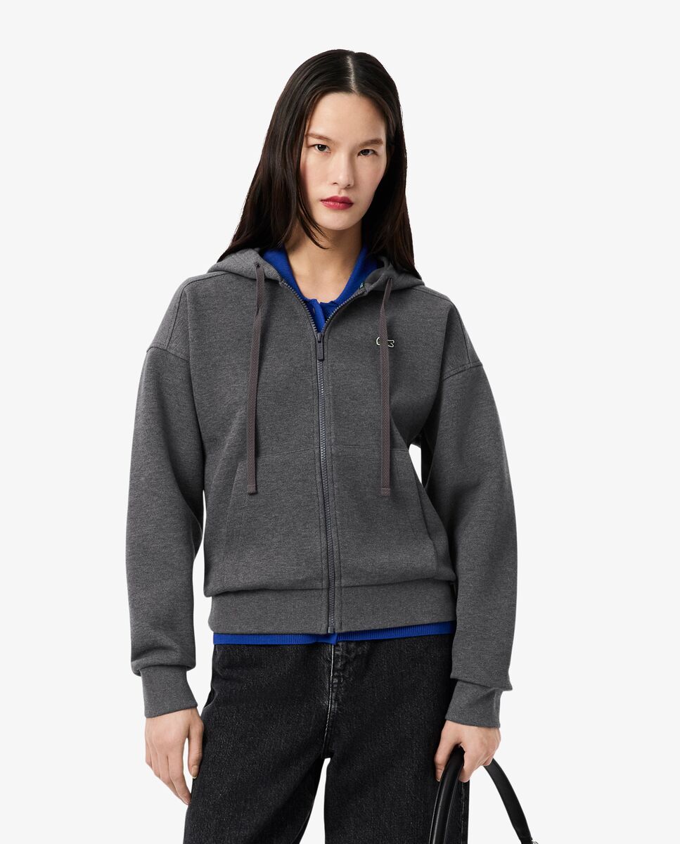 Lacoste - Sudadera de mujer con capucha de piqué con cremallera en gris.