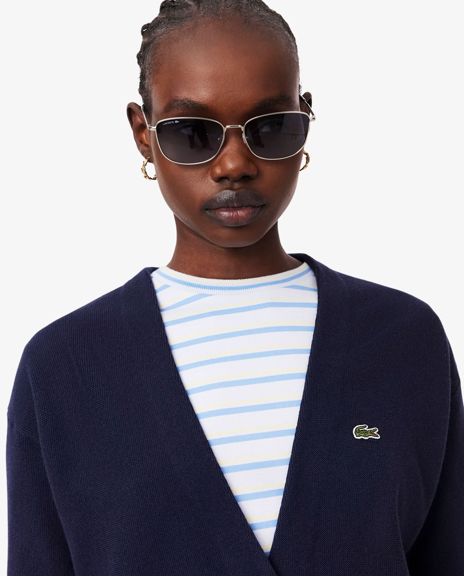 Chaqueta de mujer de punto musgo de algodón con cuello de pico en azul de manga larga - Lacoste - Azul marino Azul marino-3