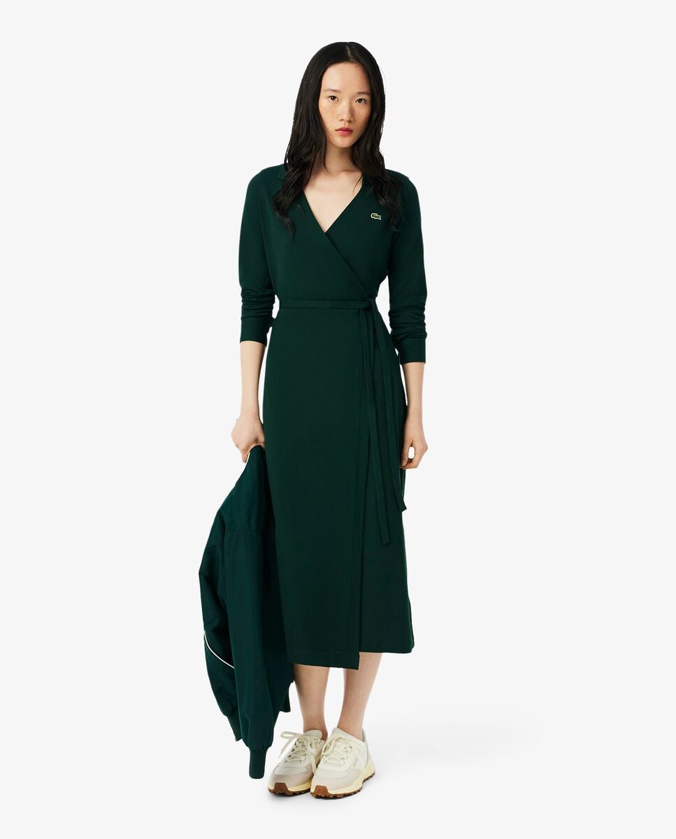 Imagen 0 de Vestido cruzado con cuello polo y corte ajustado de manga larga Verde