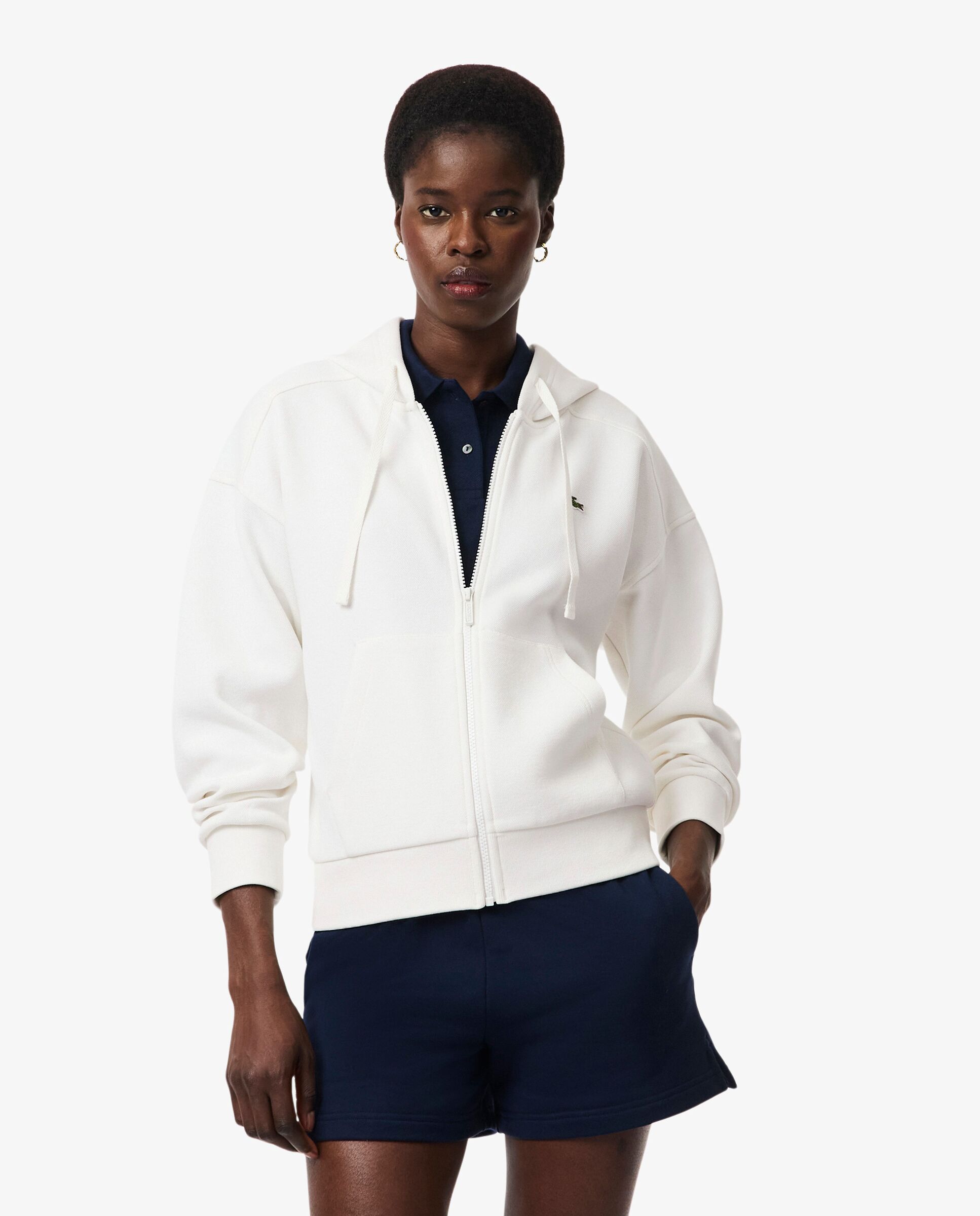 Sudadera de mujer con capucha de piqué con cremallera en - Lacoste - Blanco Blanco-1