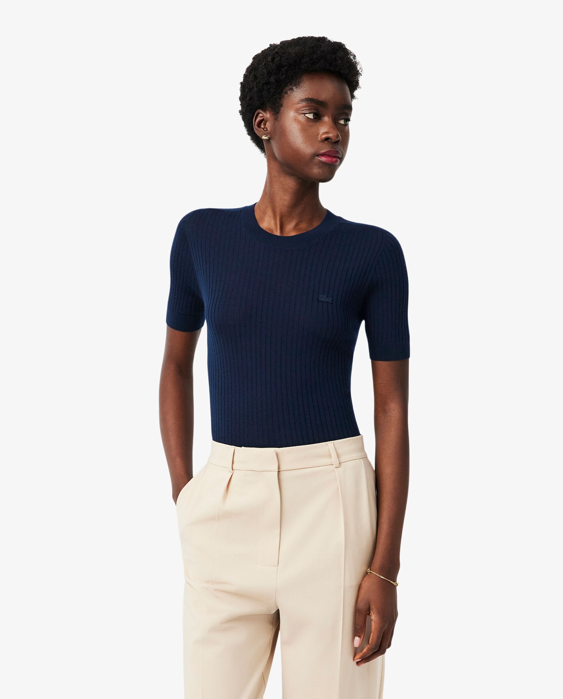 Jersey de manga corta de punto de canalé de lana merino - Lacoste - Azul marino Azul marino-1