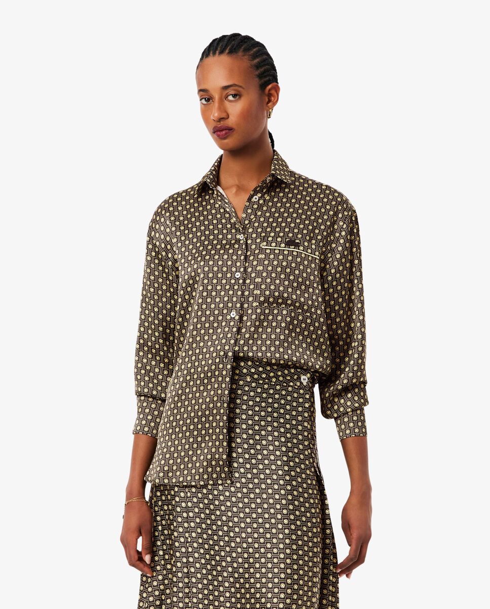 Camisa de mujer de satén oversized con estampado - Lacoste - Marrón Marrón-2