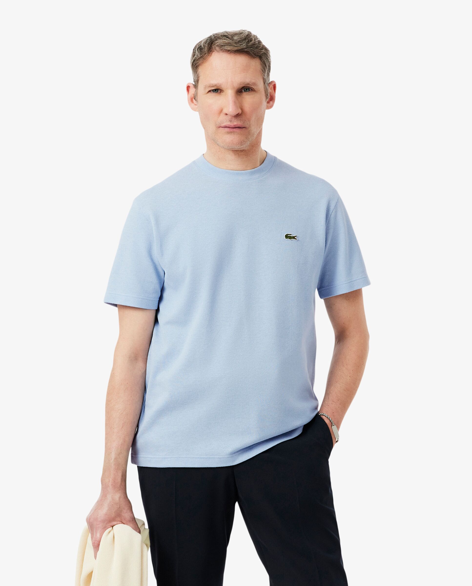 Imagen 0 de Camiseta de hombre de piqué de lino y algodón grueso de manga corta Azul claro
