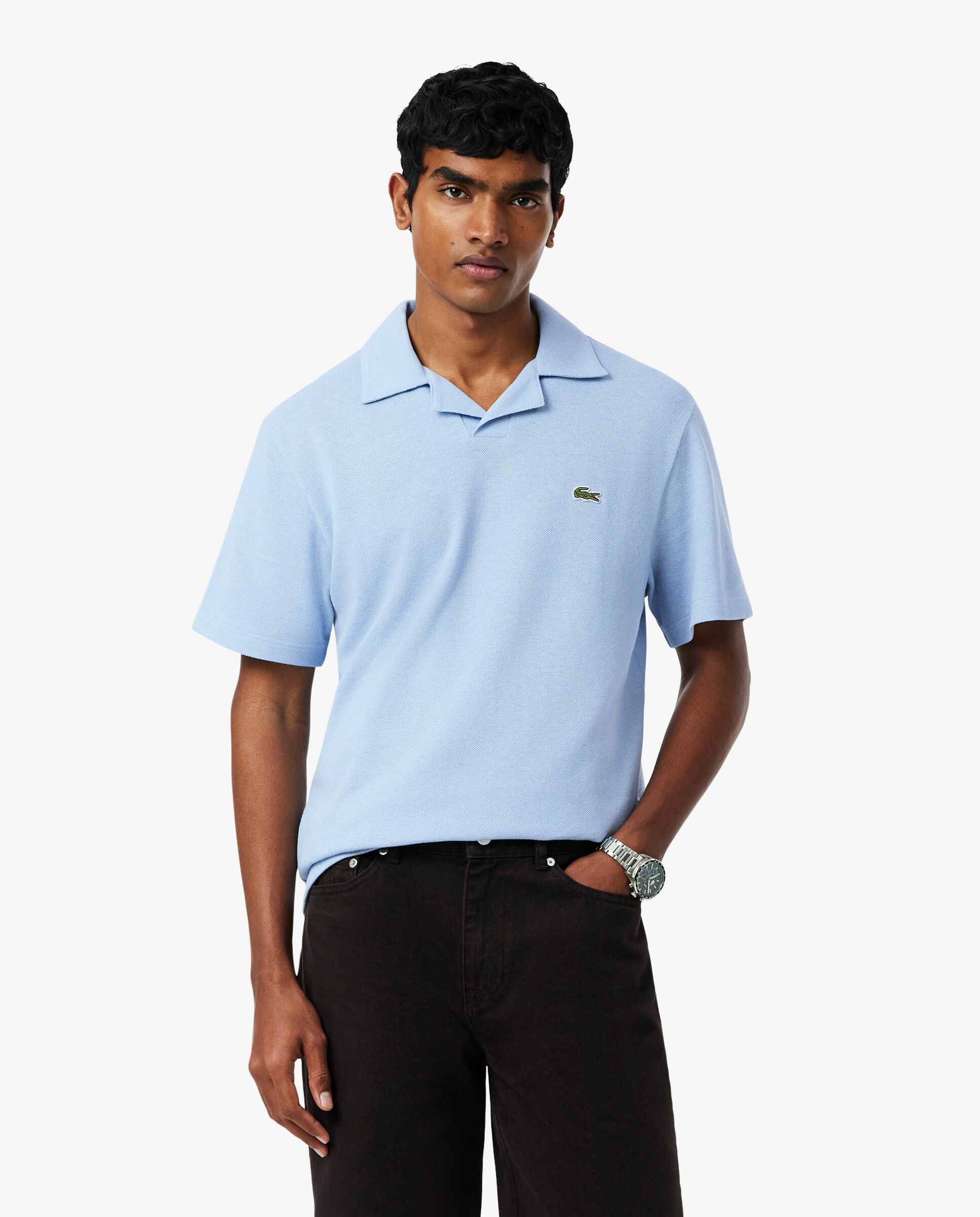 Polo de hombre de corte clásico mezcla de algodón y lino en azul de manga corta