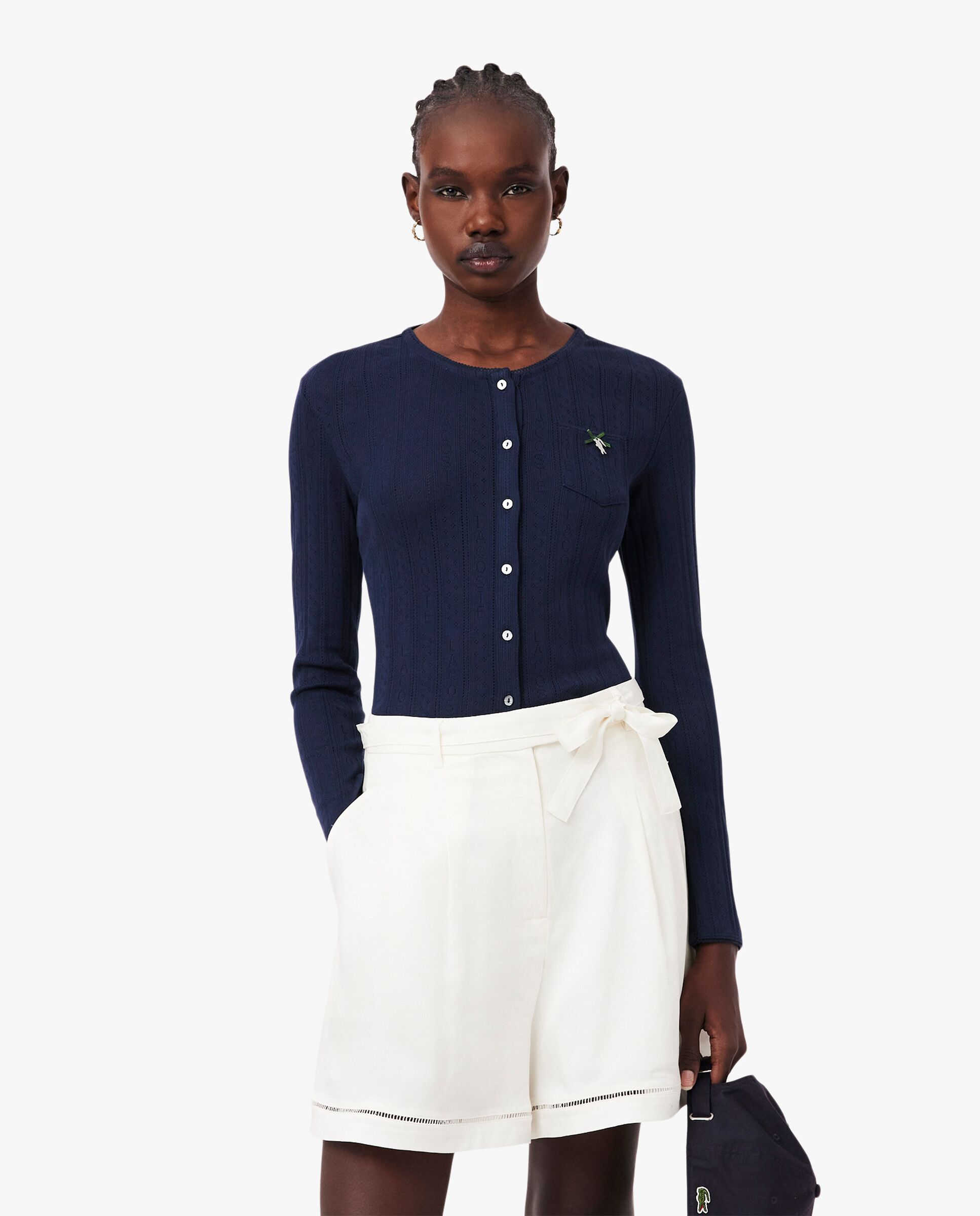 Chaqueta de mujer de punto pointelle de corte ajustado en azul de manga corta - Lacoste - Azul marino Azul marino-1