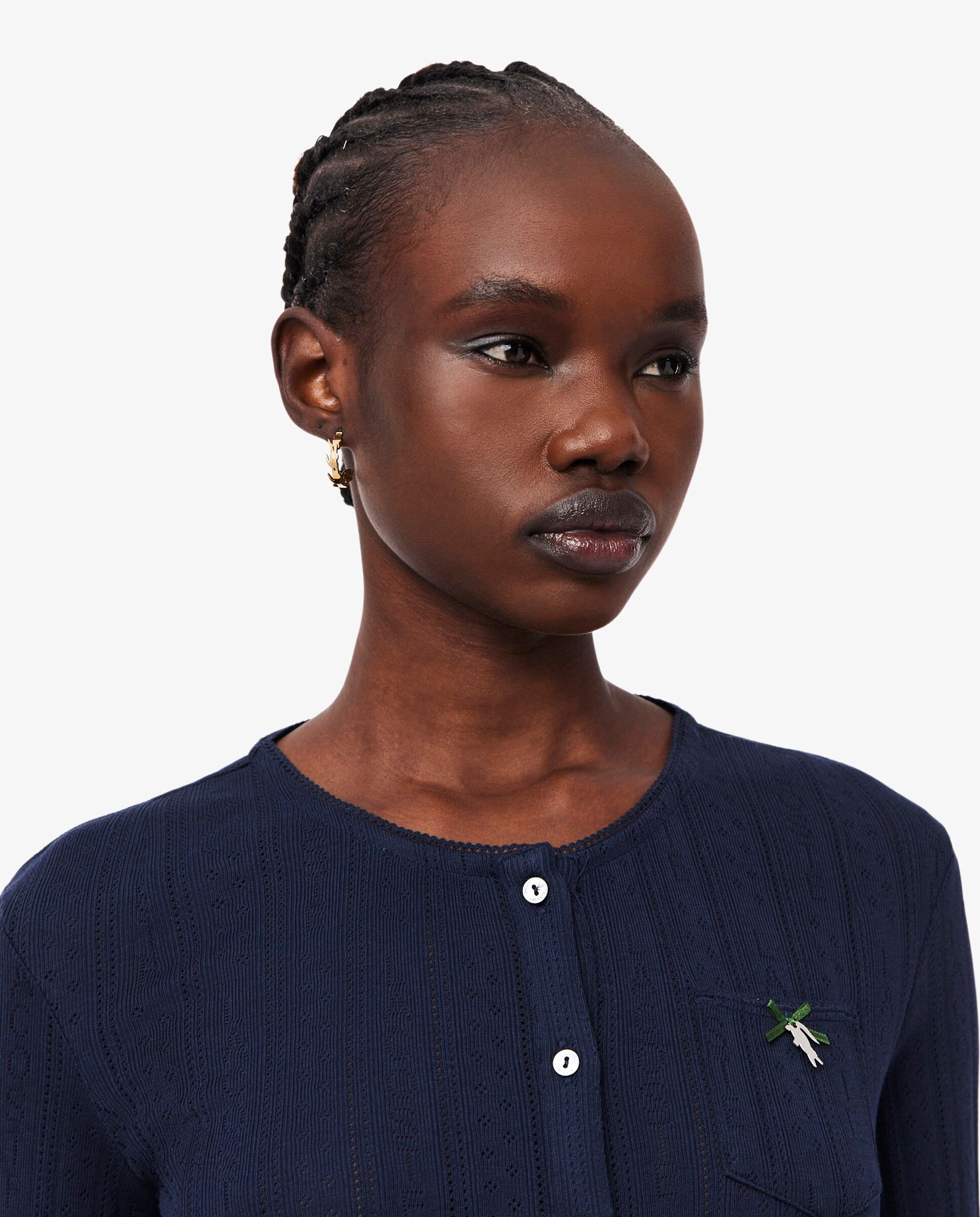 Chaqueta de mujer de punto pointelle de corte ajustado en azul de manga corta - Lacoste - Azul marino Azul marino-3